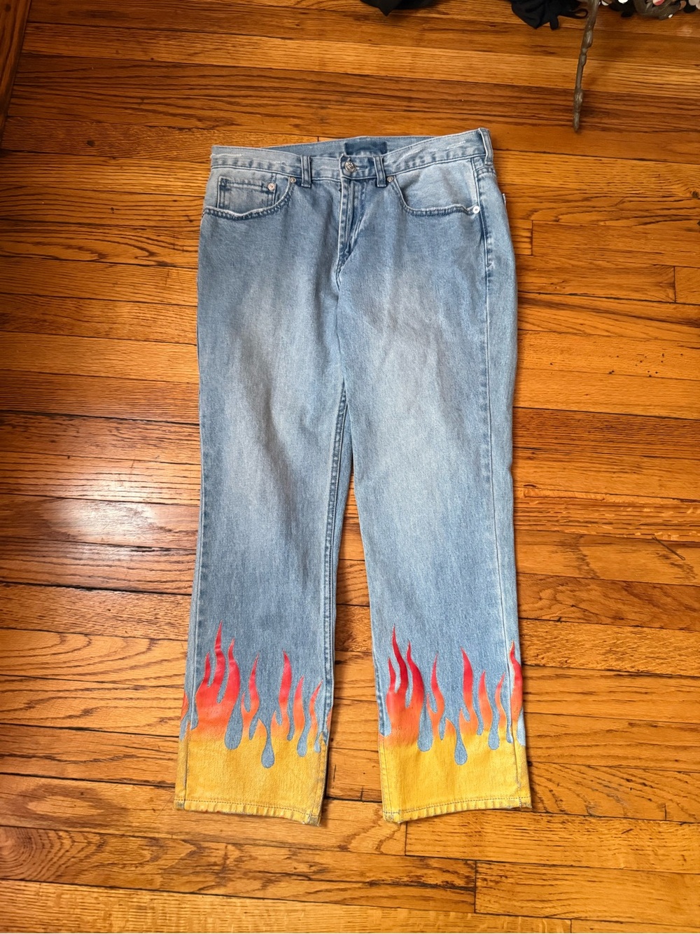 PacSun Light Wash Women's Jeans with Red & Yellow Flame Hem